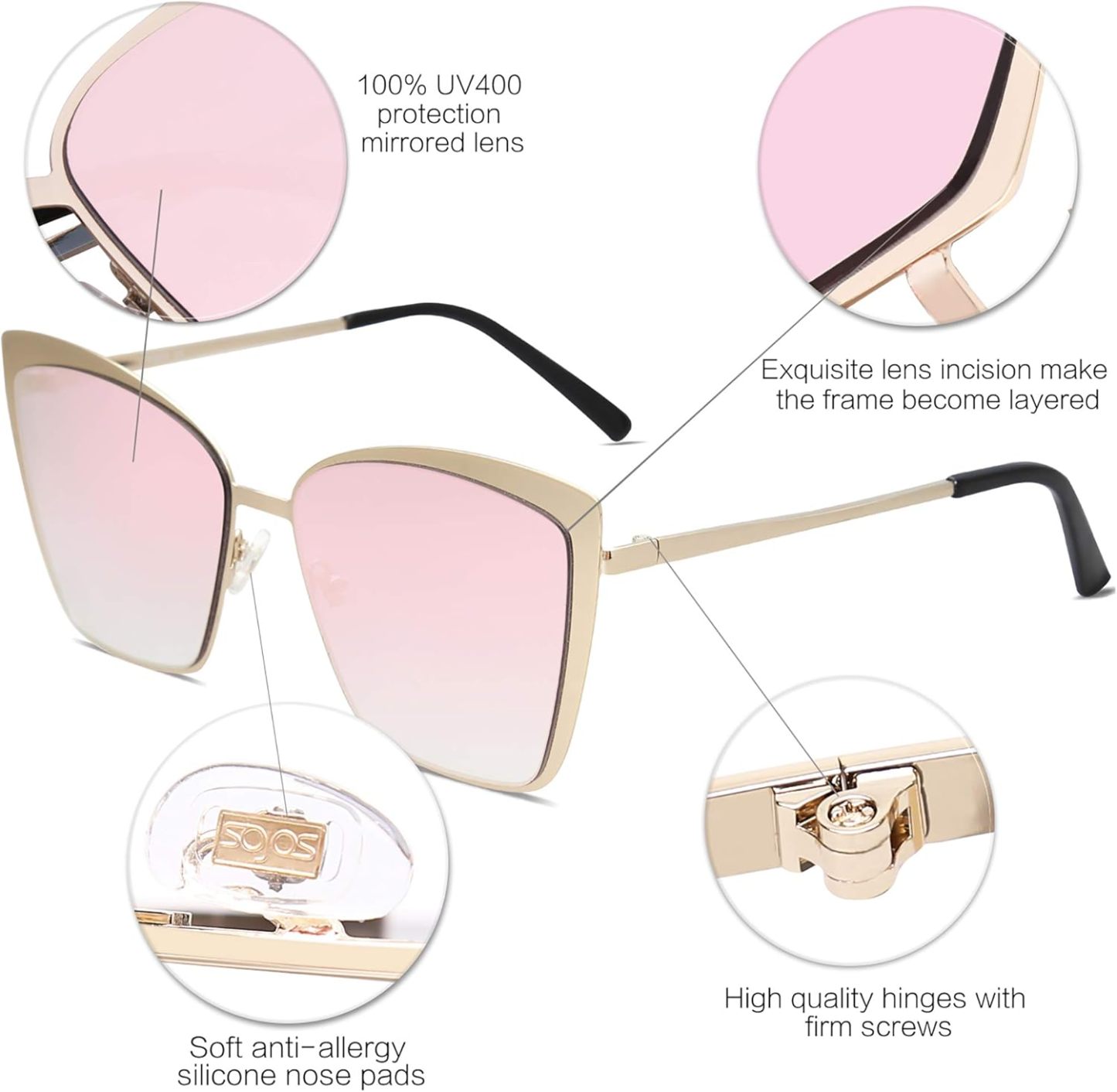 SOthtJOS Cateye Sunglasses for Women Fashion Mirrored Lens Metal Frame SJ1086