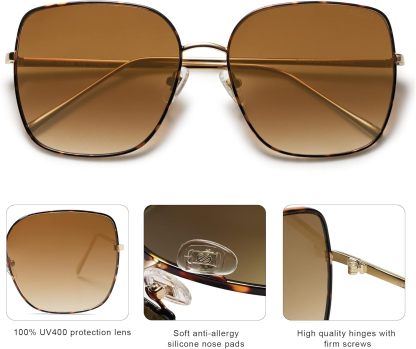 SOthtJOS Trendy Oversized Square Metal Frame Sunglasses for Women Men Retro Big Flat Lens UV Protection Sunglasses SJ1146