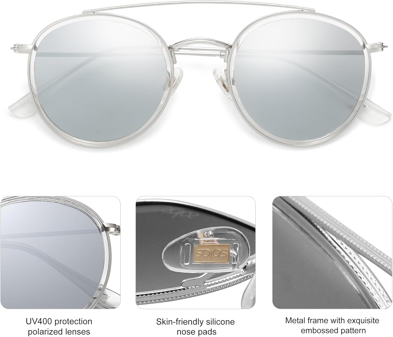 SOthtJOS Retro Vintage Round Polarized Sunglasses for Women Men Small Double Bridge Circle Sunnies SJ1104