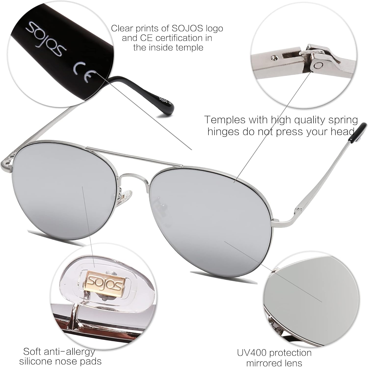 SOthtJOS Classic Aviator Sunglasses for Women Men Metal Spring Hinges SJ1030