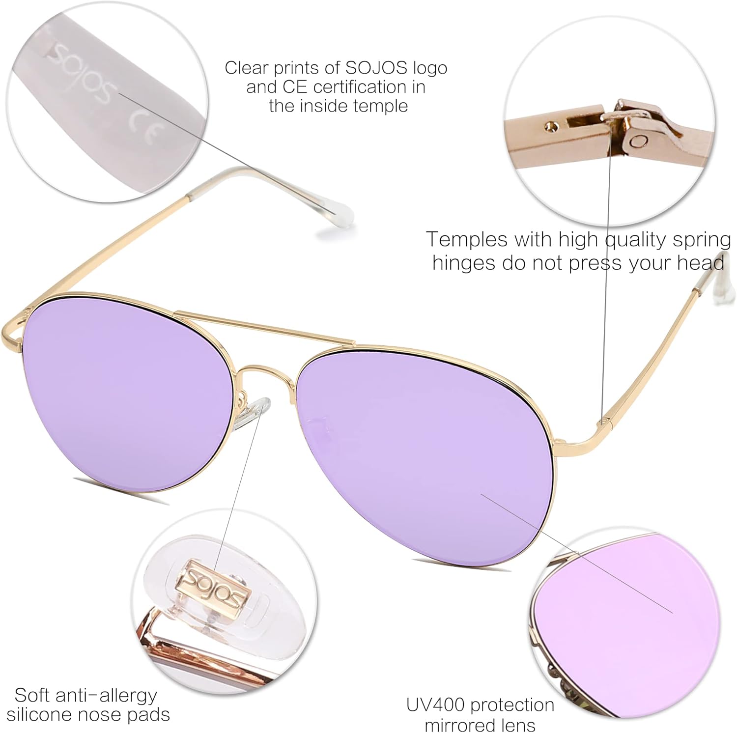 SOthtJOS Classic Aviator Sunglasses for Women Men Metal Spring Hinges SJ1030