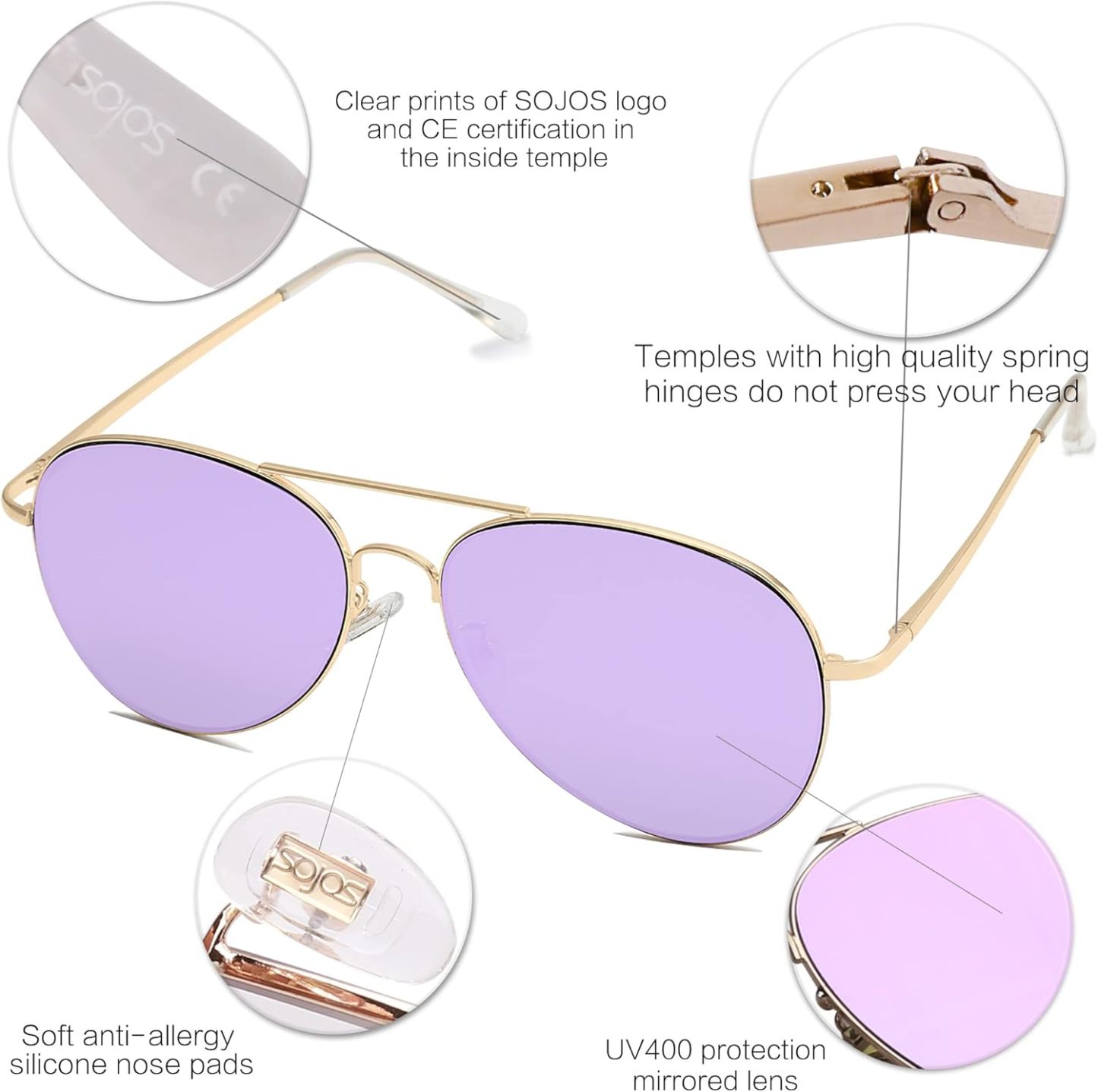 SOthtJOS Classic Aviator Sunglasses for Women Men Metal Spring Hinges SJ1030