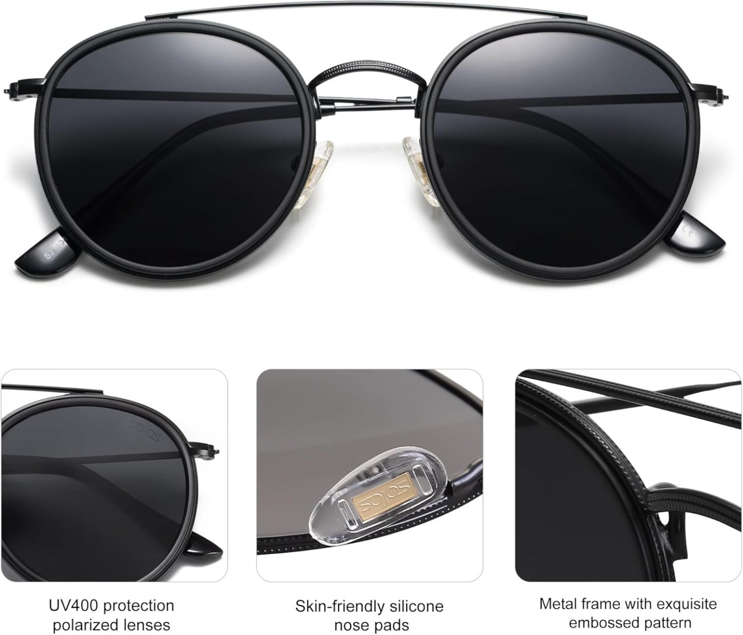 SOthtJOS Retro Vintage Round Polarized Sunglasses for Women Men Small Double Bridge Circle Sunnies SJ1104