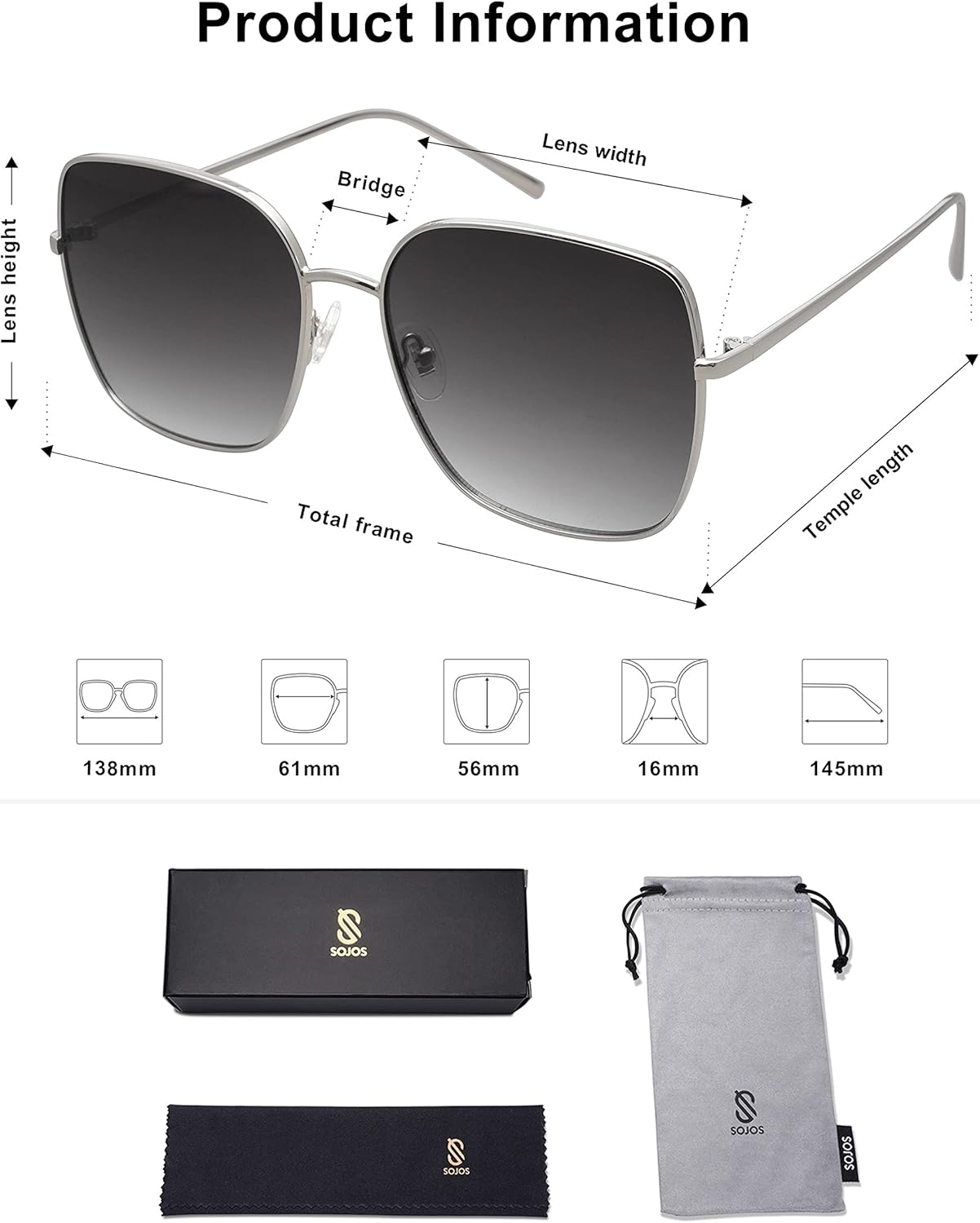 SOthtJOS Trendy Oversized Square Metal Frame Sunglasses for Women Men Retro Big Flat Lens UV Protection Sunglasses SJ1146