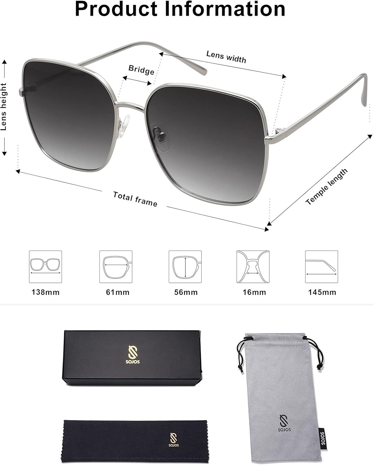 SOthtJOS Trendy Oversized Square Metal Frame Sunglasses for Women Men Retro Big Flat Lens UV Protection Sunglasses SJ1146
