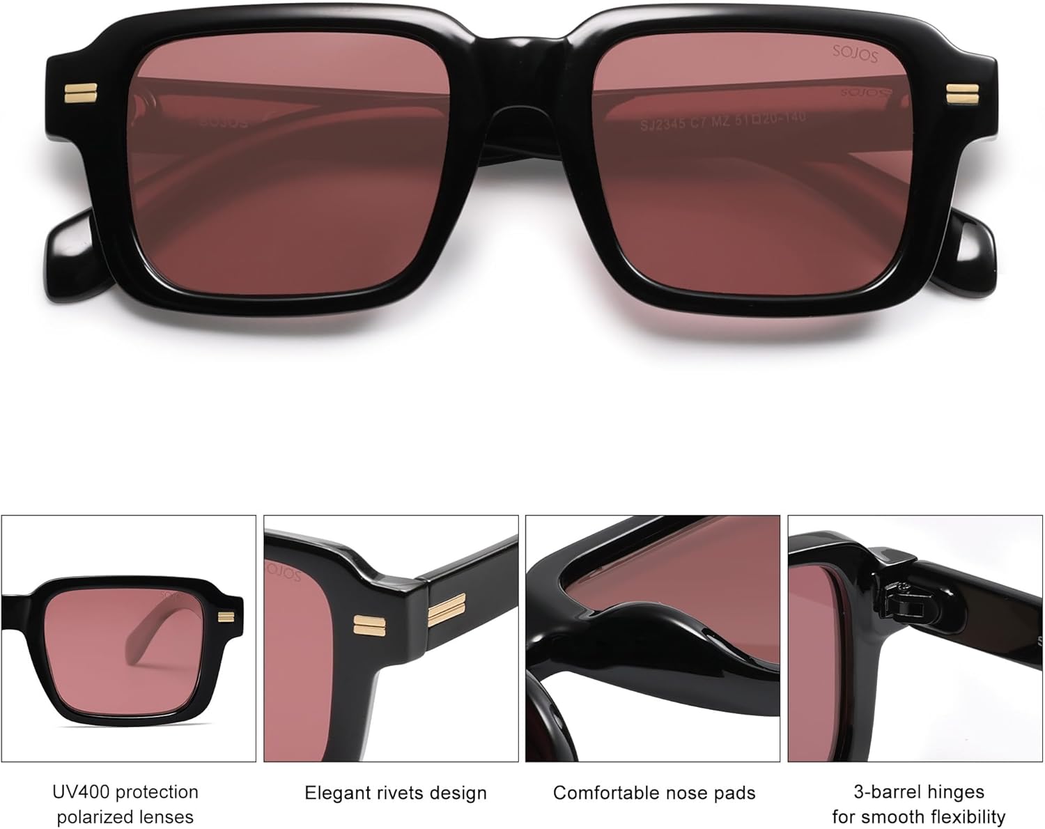 SOthtJOS Trendy Square Polarized Sunglasses for Women, 70s 80s Retro Rectangle Shades SJ2345