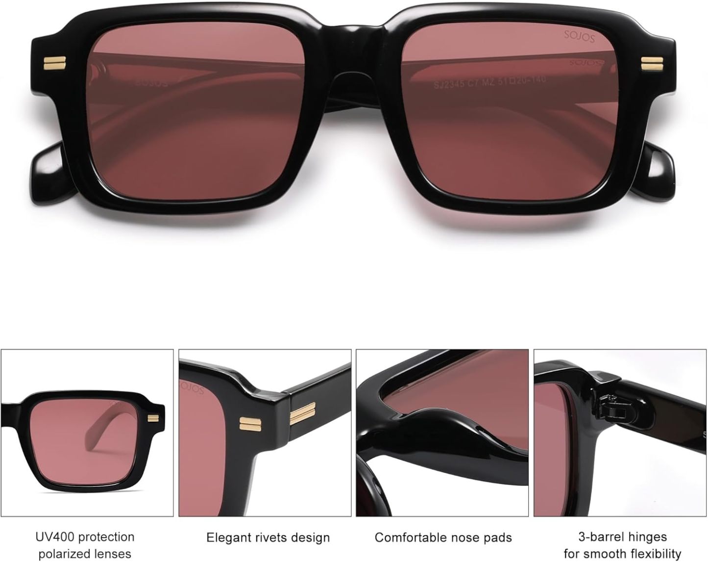 SOthtJOS Trendy Square Polarized Sunglasses for Women, 70s 80s Retro Rectangle Shades SJ2345