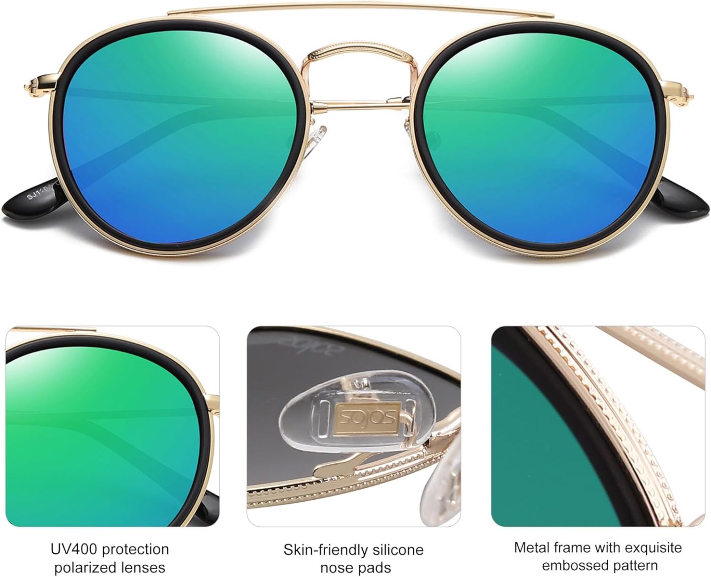 SOthtJOS Retro Vintage Round Polarized Sunglasses for Women Men Small Double Bridge Circle Sunnies SJ1104