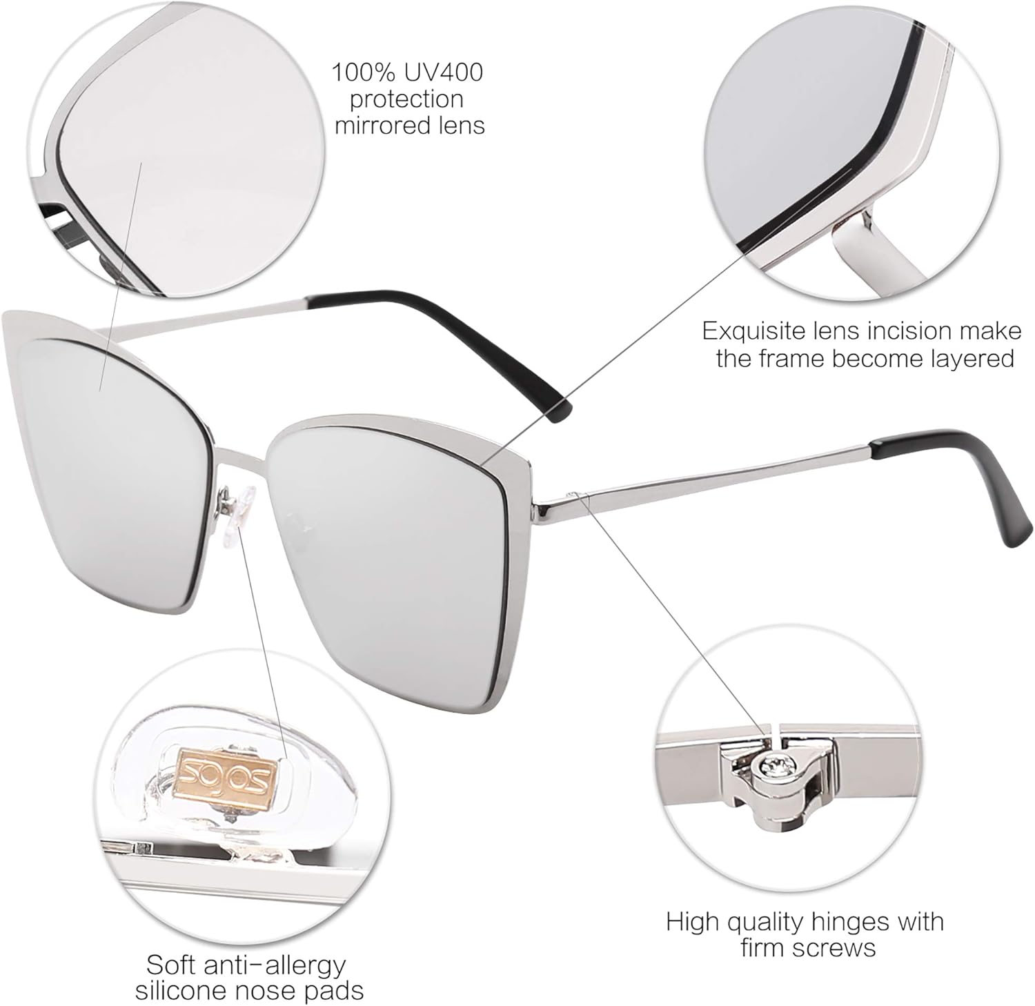 SOthtJOS Cateye Sunglasses for Women Fashion Mirrored Lens Metal Frame SJ1086