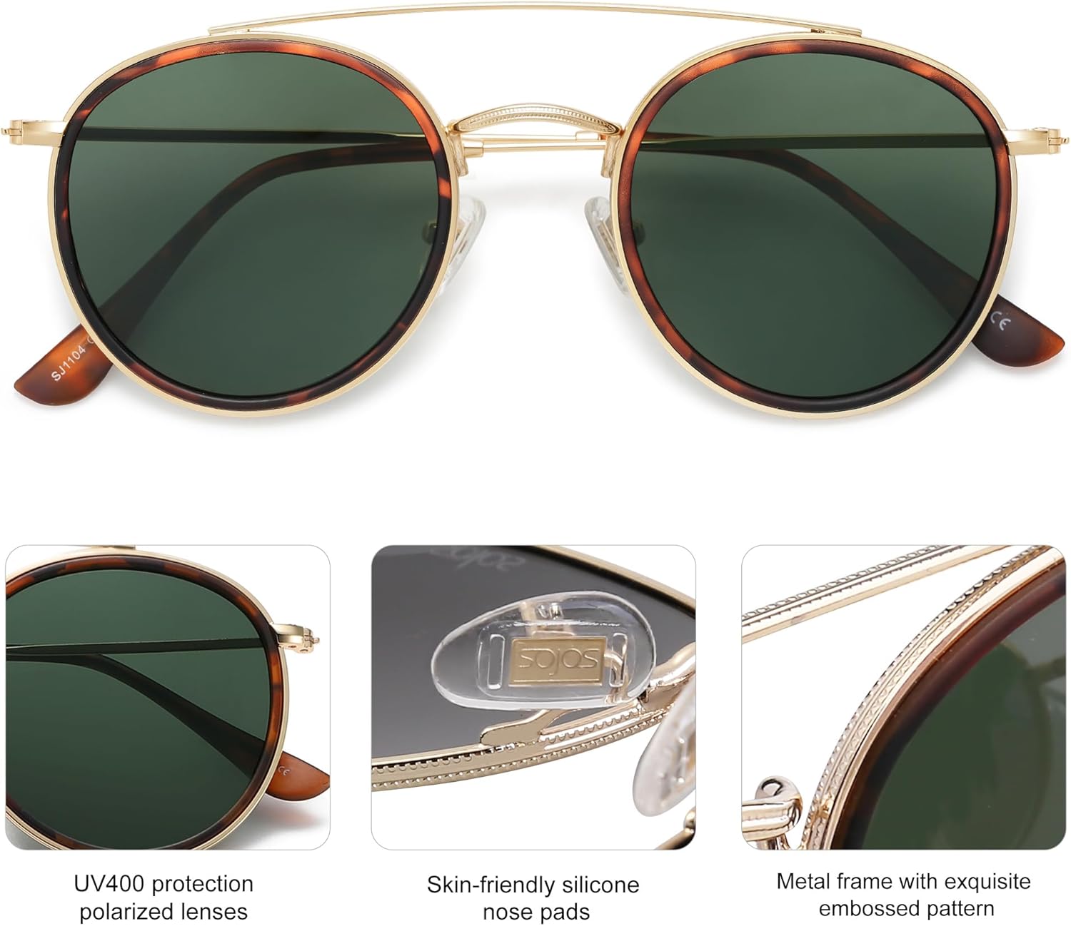 SOthtJOS Retro Vintage Round Polarized Sunglasses for Women Men Small Double Bridge Circle Sunnies SJ1104