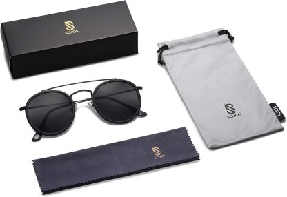 SOthtJOS Retro Vintage Round Polarized Sunglasses for Women Men Small Double Bridge Circle Sunnies SJ1104