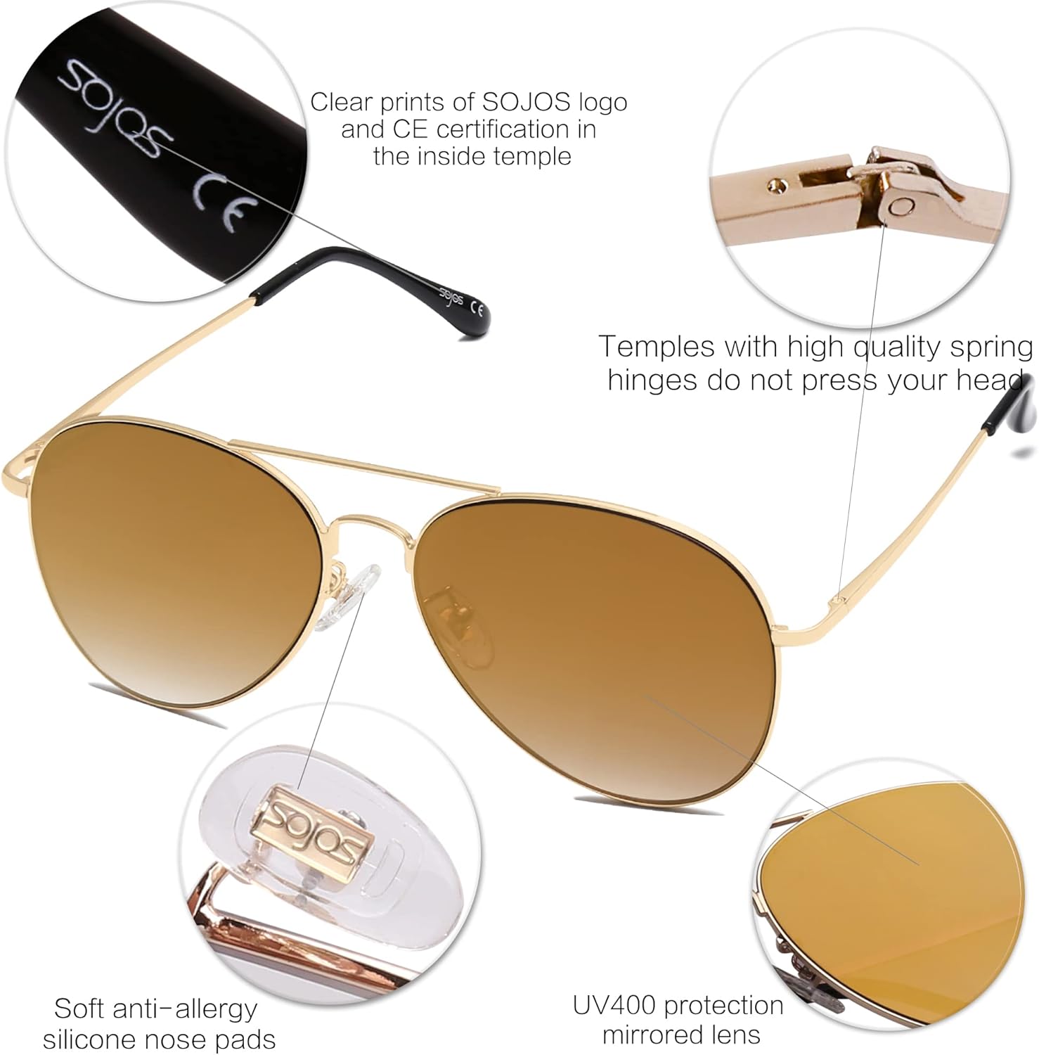 SOthtJOS Classic Aviator Sunglasses for Women Men Metal Spring Hinges SJ1030