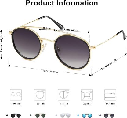 SOthtJOS Retro Vintage Round Polarized Sunglasses for Women Men Small Double Bridge Circle Sunnies SJ1104