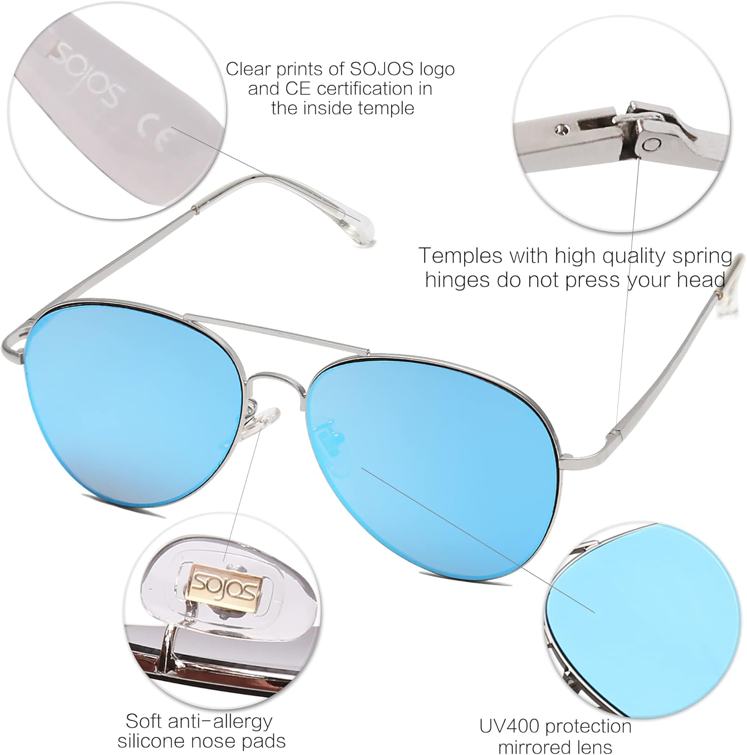 SOthtJOS Classic Aviator Sunglasses for Women Men Metal Spring Hinges SJ1030