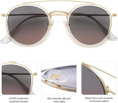 SOthtJOS Retro Vintage Round Polarized Sunglasses for Women Men Small Double Bridge Circle Sunnies SJ1104