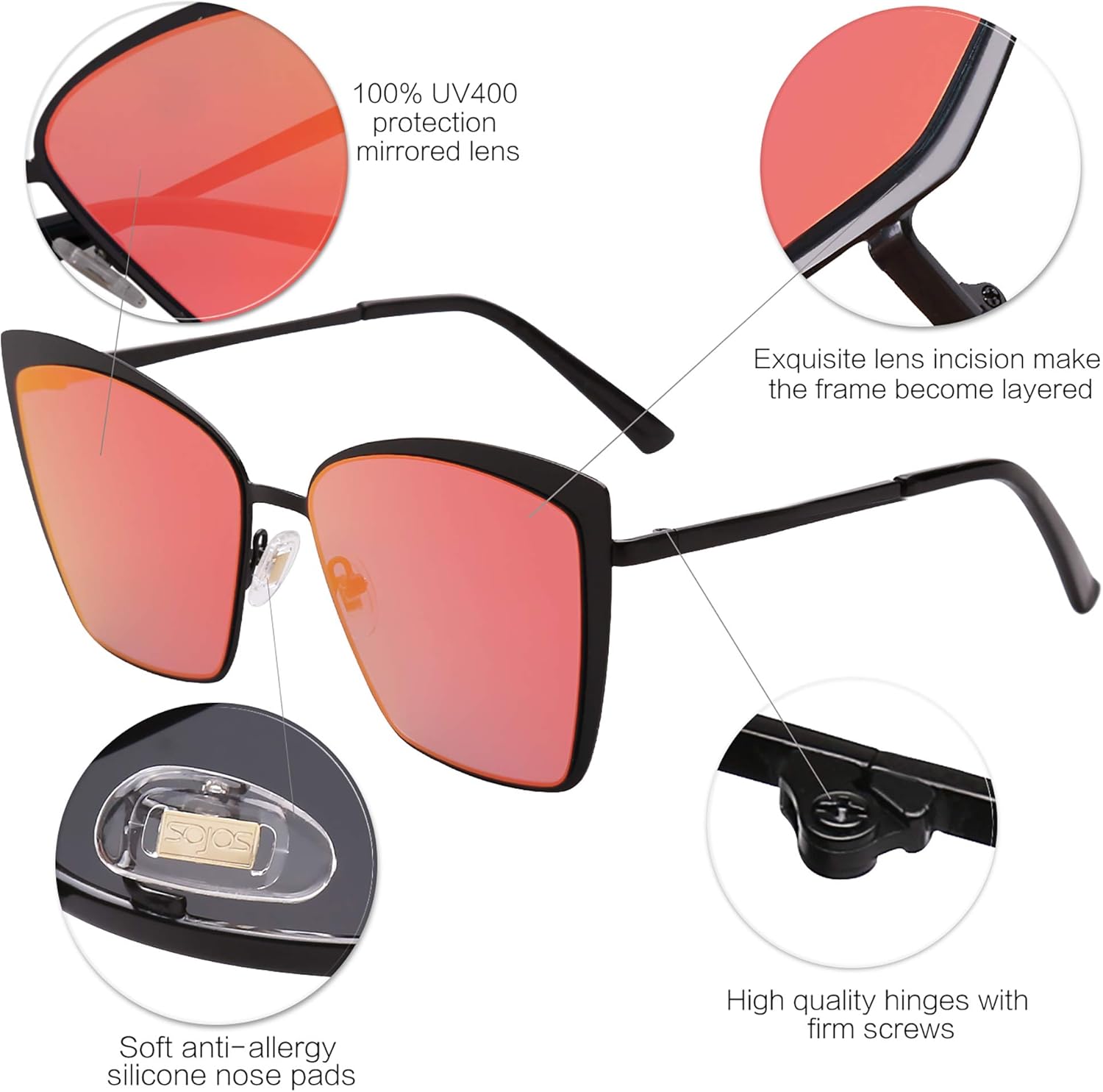 SOthtJOS Cateye Sunglasses for Women Fashion Mirrored Lens Metal Frame SJ1086