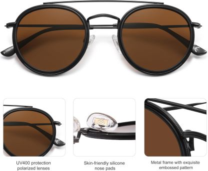 SOthtJOS Retro Vintage Round Polarized Sunglasses for Women Men Small Double Bridge Circle Sunnies SJ1104