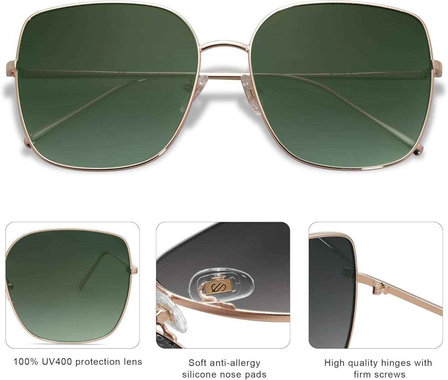 SOthtJOS Trendy Oversized Square Metal Frame Sunglasses for Women Men Retro Big Flat Lens UV Protection Sunglasses SJ1146