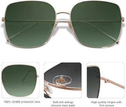 SOthtJOS Trendy Oversized Square Metal Frame Sunglasses for Women Men Retro Big Flat Lens UV Protection Sunglasses SJ1146