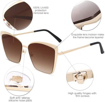 SOthtJOS Cateye Sunglasses for Women Fashion Mirrored Lens Metal Frame SJ1086