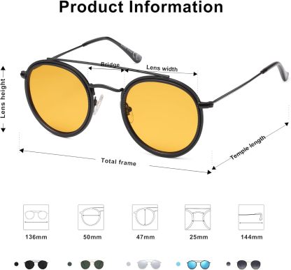 SOthtJOS Retro Vintage Round Polarized Sunglasses for Women Men Small Double Bridge Circle Sunnies SJ1104