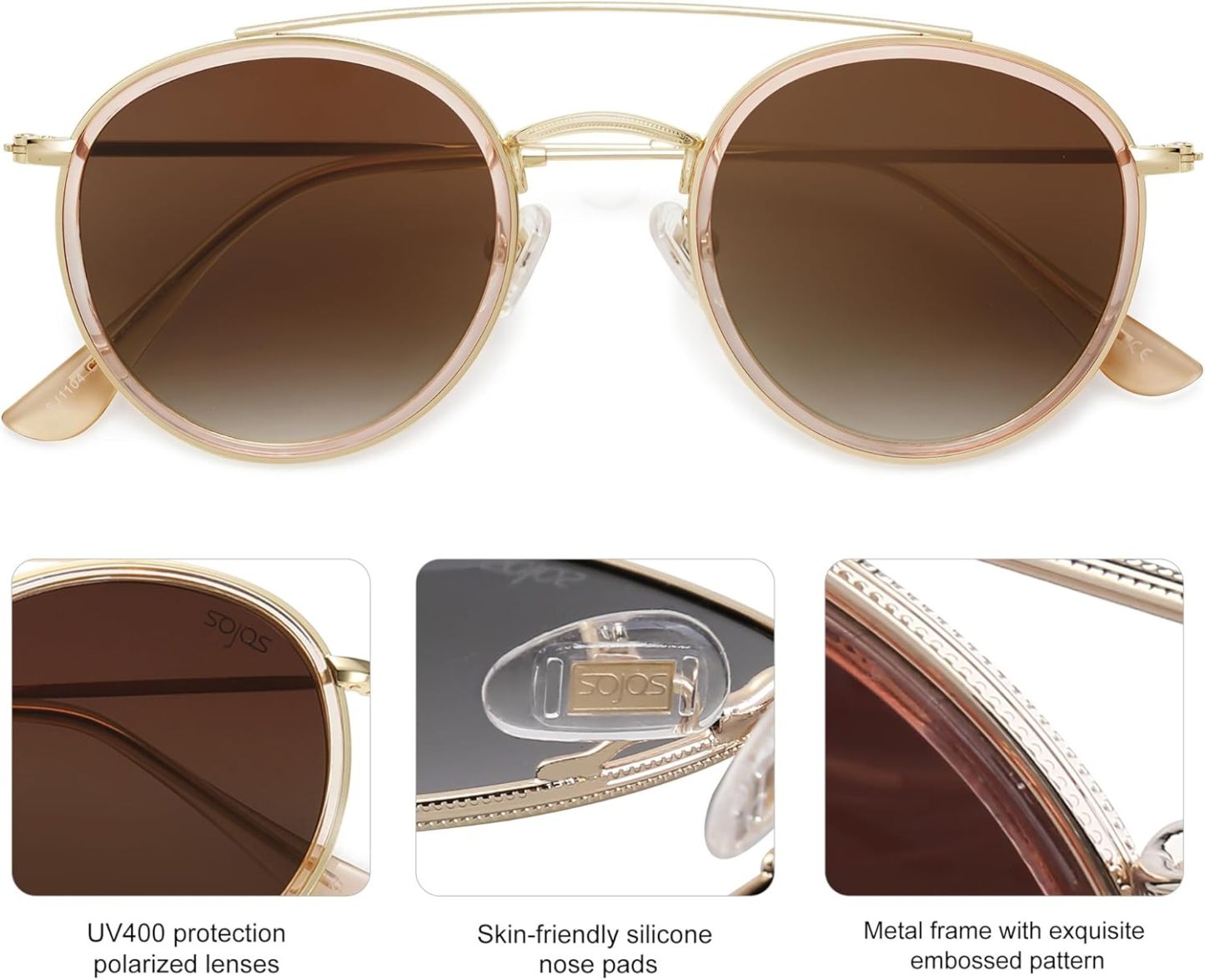 SOthtJOS Retro Vintage Round Polarized Sunglasses for Women Men Small Double Bridge Circle Sunnies SJ1104