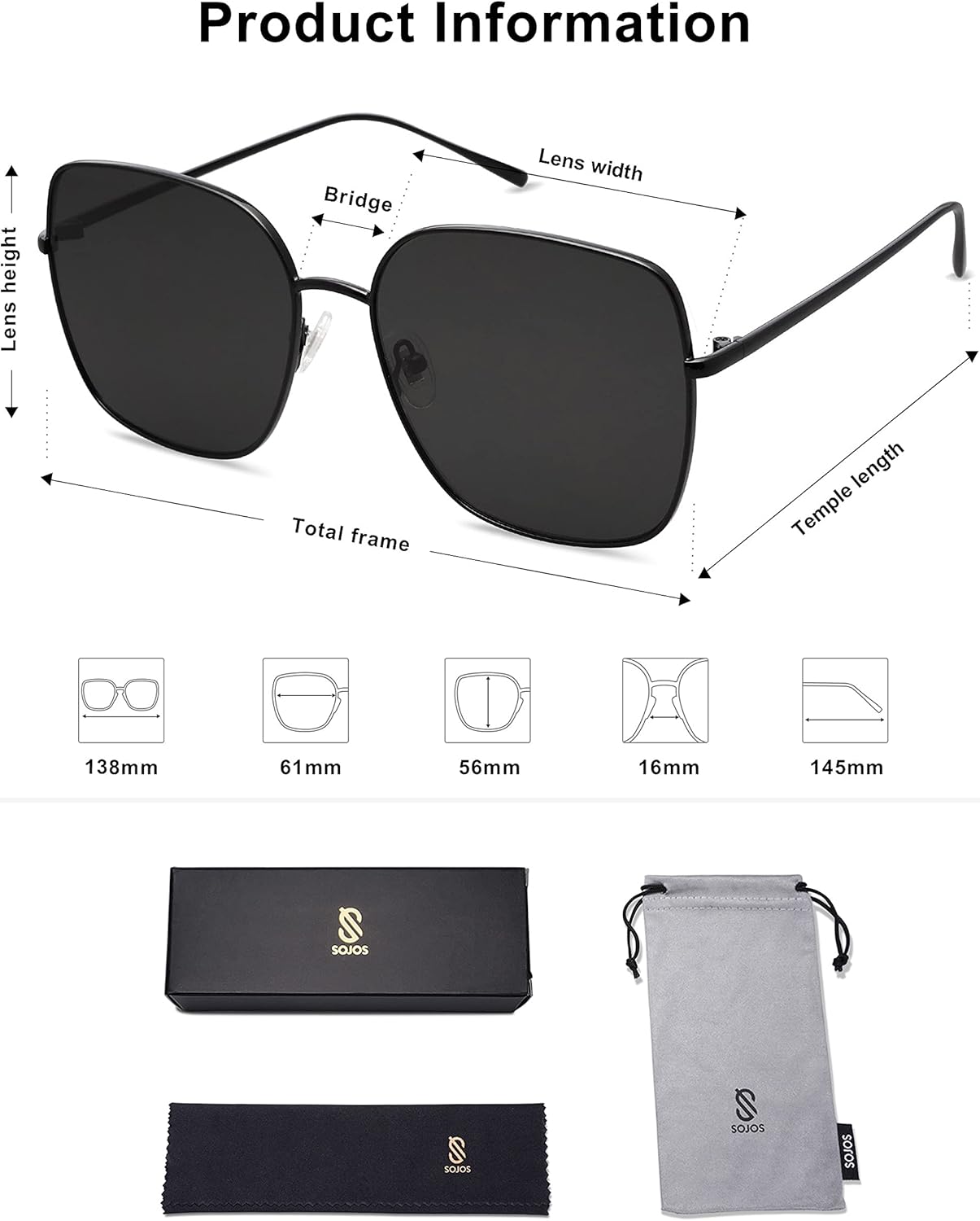 SOthtJOS Trendy Oversized Square Metal Frame Sunglasses for Women Men Retro Big Flat Lens UV Protection Sunglasses SJ1146
