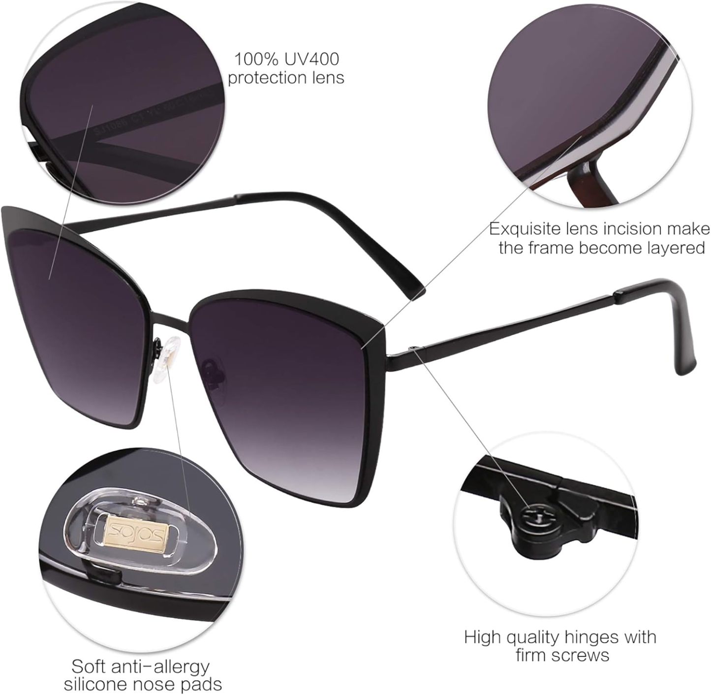 SOthtJOS Cateye Sunglasses for Women Fashion Mirrored Lens Metal Frame SJ1086