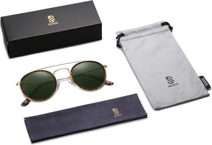 SOthtJOS Retro Vintage Round Polarized Sunglasses for Women Men Small Double Bridge Circle Sunnies SJ1104