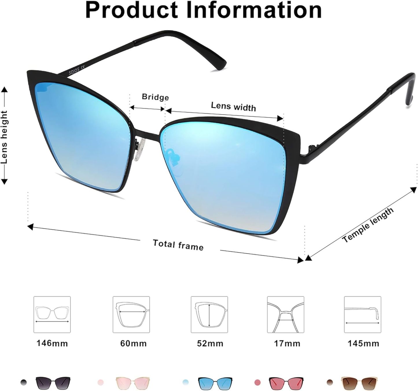 SOthtJOS Cateye Sunglasses for Women Fashion Mirrored Lens Metal Frame SJ1086