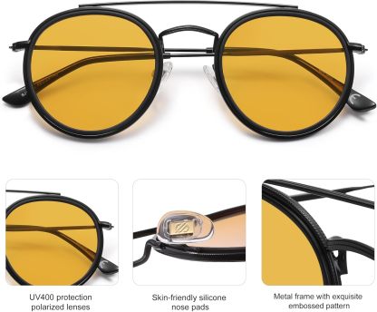 SOthtJOS Retro Vintage Round Polarized Sunglasses for Women Men Small Double Bridge Circle Sunnies SJ1104