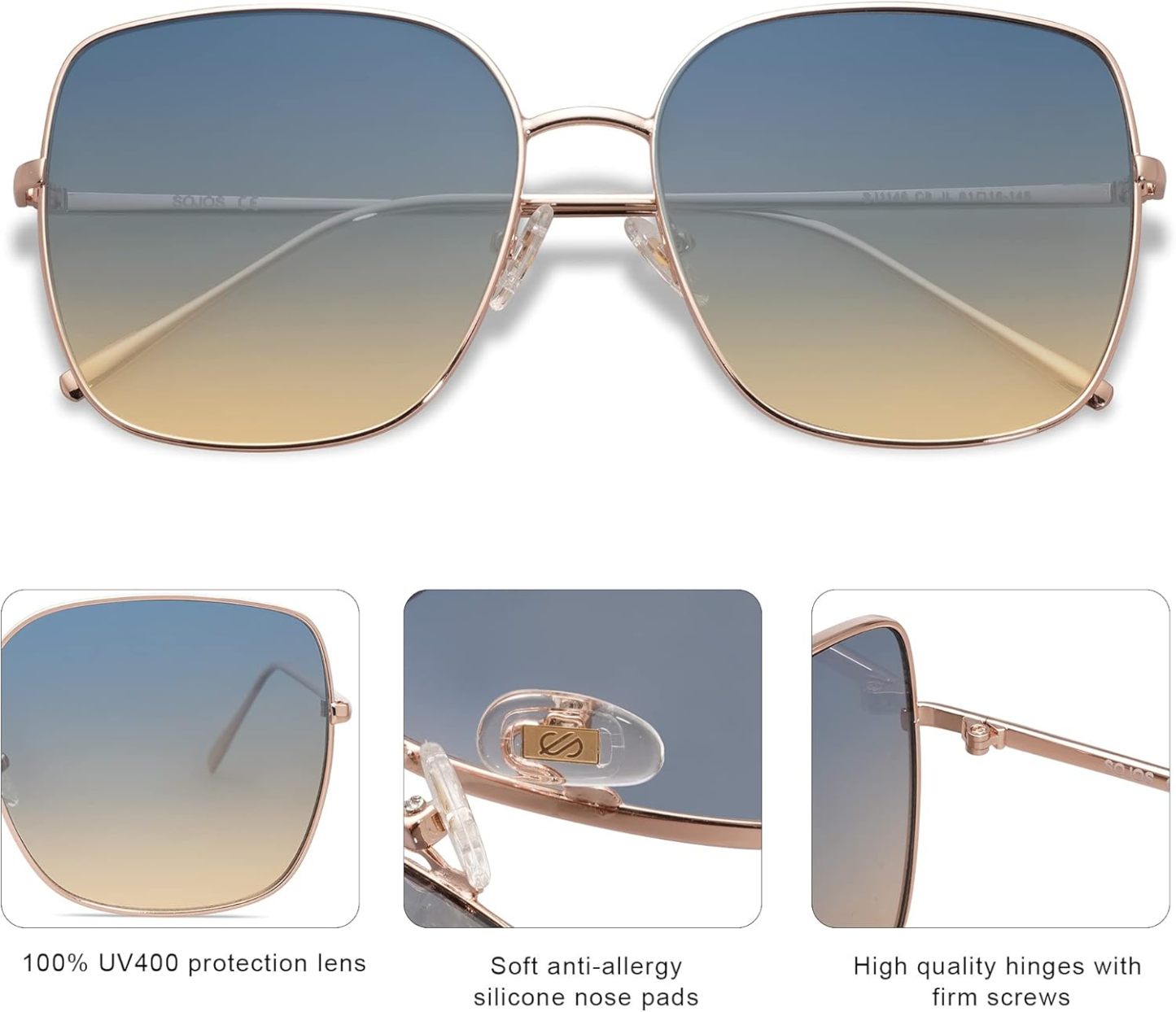 SOthtJOS Trendy Oversized Square Metal Frame Sunglasses for Women Men Retro Big Flat Lens UV Protection Sunglasses SJ1146