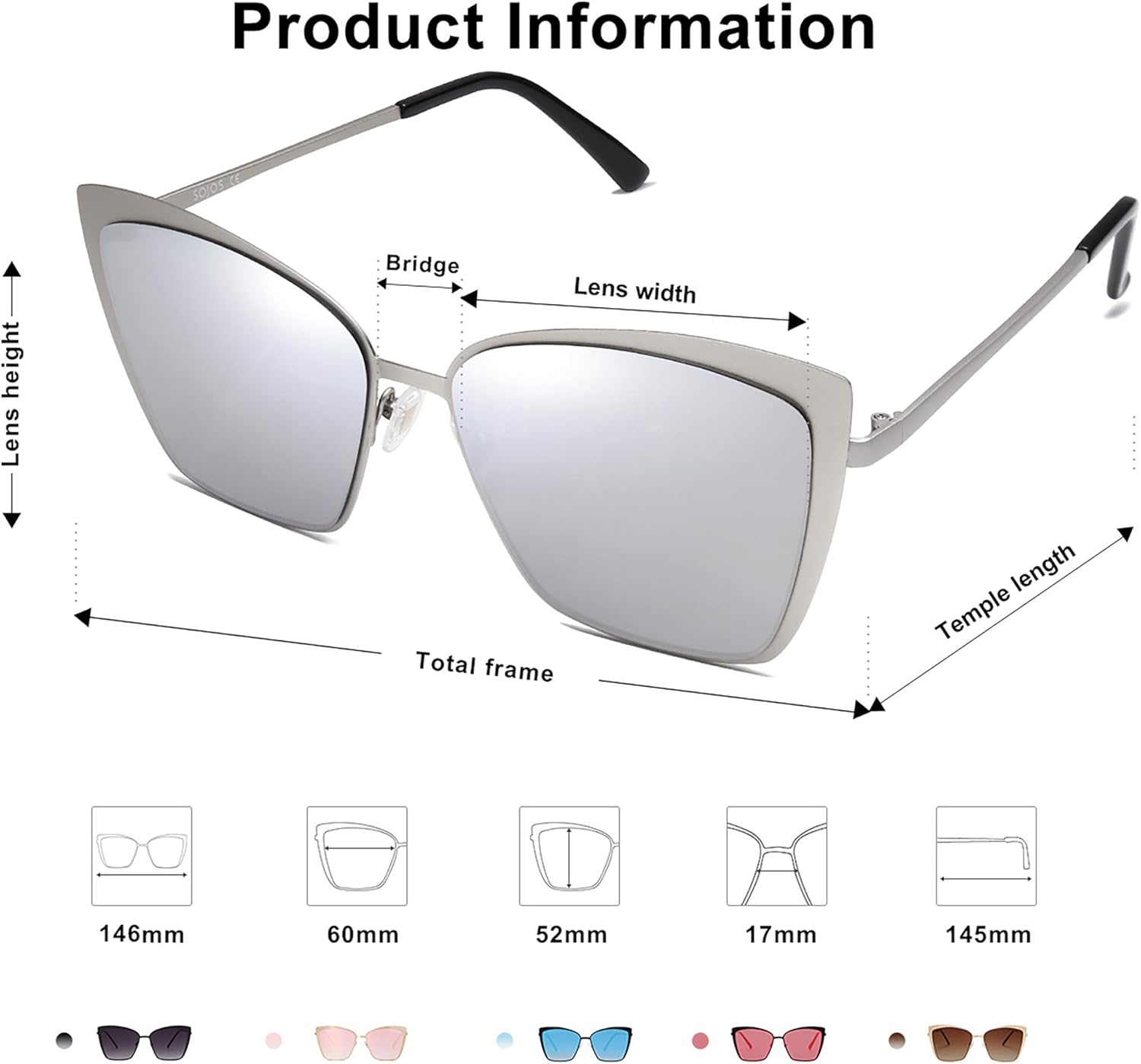 SOthtJOS Cateye Sunglasses for Women Fashion Mirrored Lens Metal Frame SJ1086