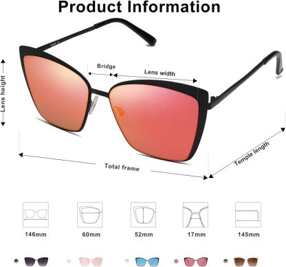 SOthtJOS Cateye Sunglasses for Women Fashion Mirrored Lens Metal Frame SJ1086