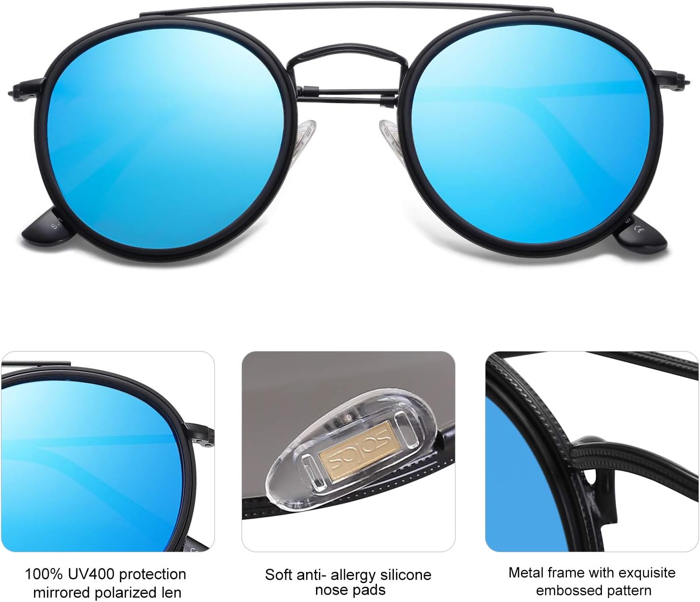 SOthtJOS Retro Vintage Round Polarized Sunglasses for Women Men Small Double Bridge Circle Sunnies SJ1104