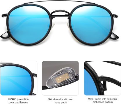 SOthtJOS Retro Vintage Round Polarized Sunglasses for Women Men Small Double Bridge Circle Sunnies SJ1104