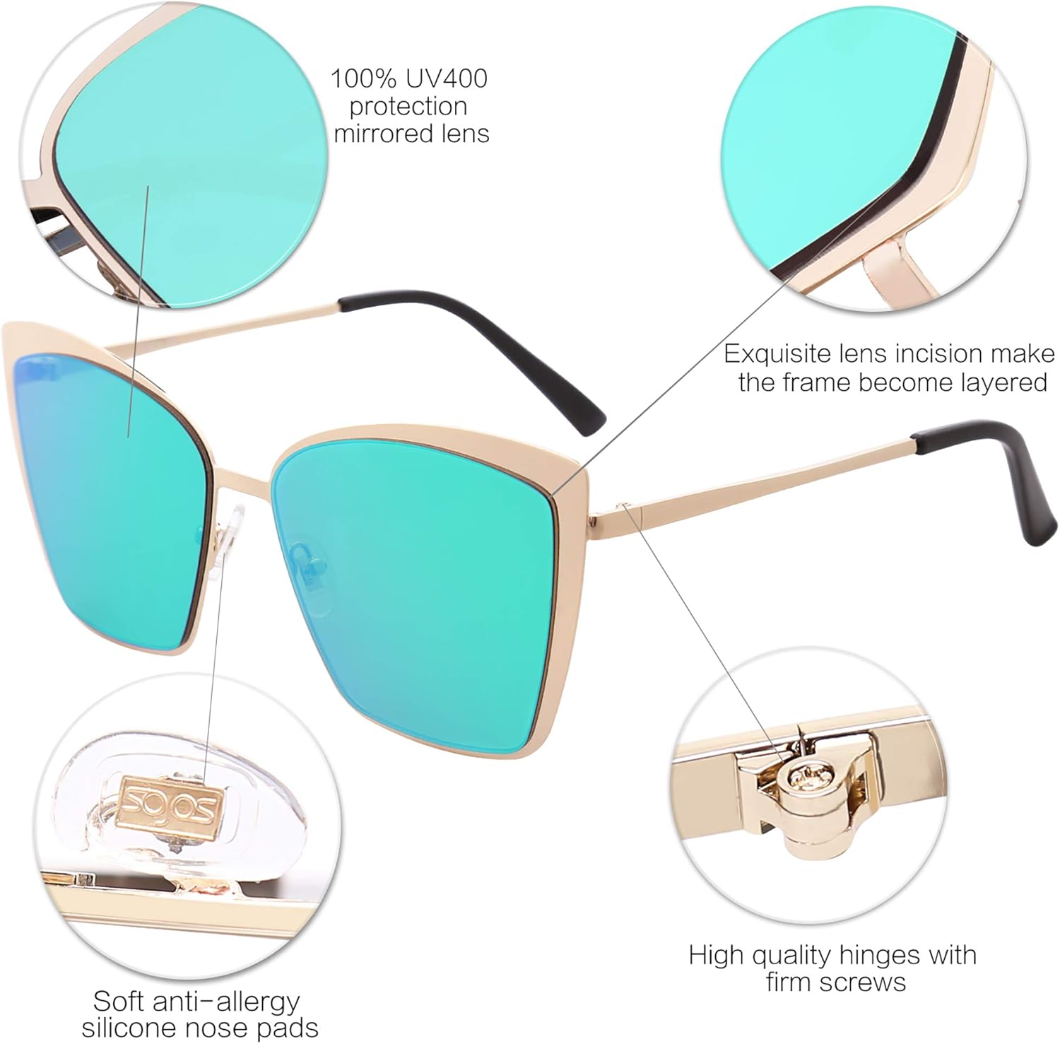 SOthtJOS Cateye Sunglasses for Women Fashion Mirrored Lens Metal Frame SJ1086