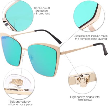 SOthtJOS Cateye Sunglasses for Women Fashion Mirrored Lens Metal Frame SJ1086