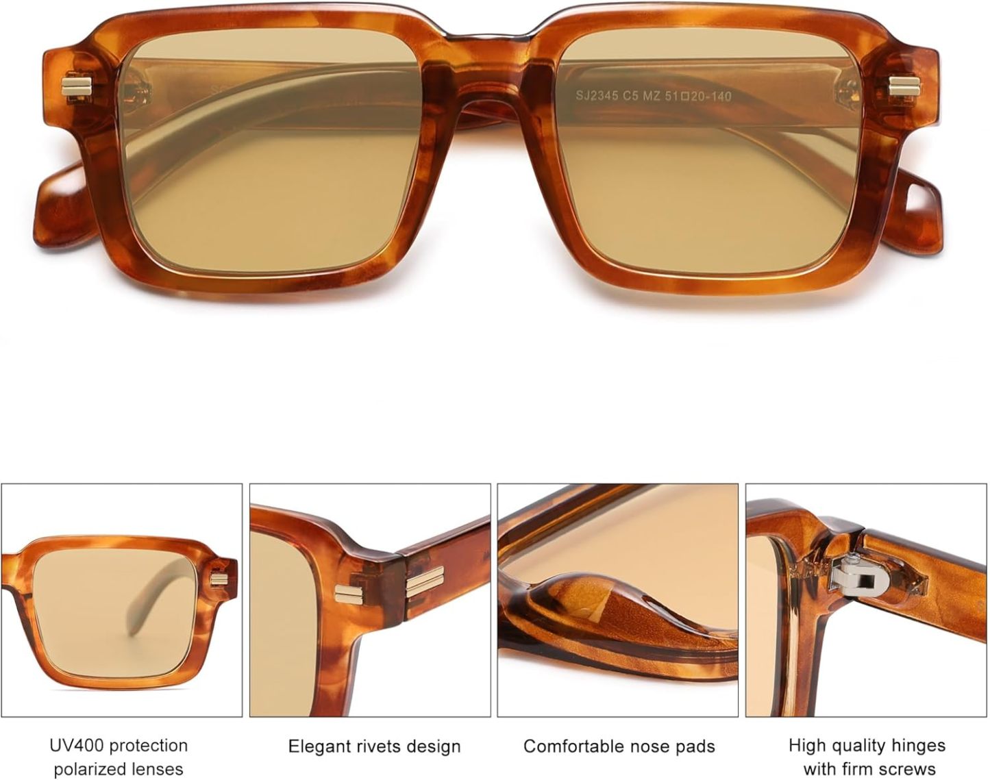 SOthtJOS Trendy Square Polarized Sunglasses for Women, 70s 80s Retro Rectangle Shades SJ2345