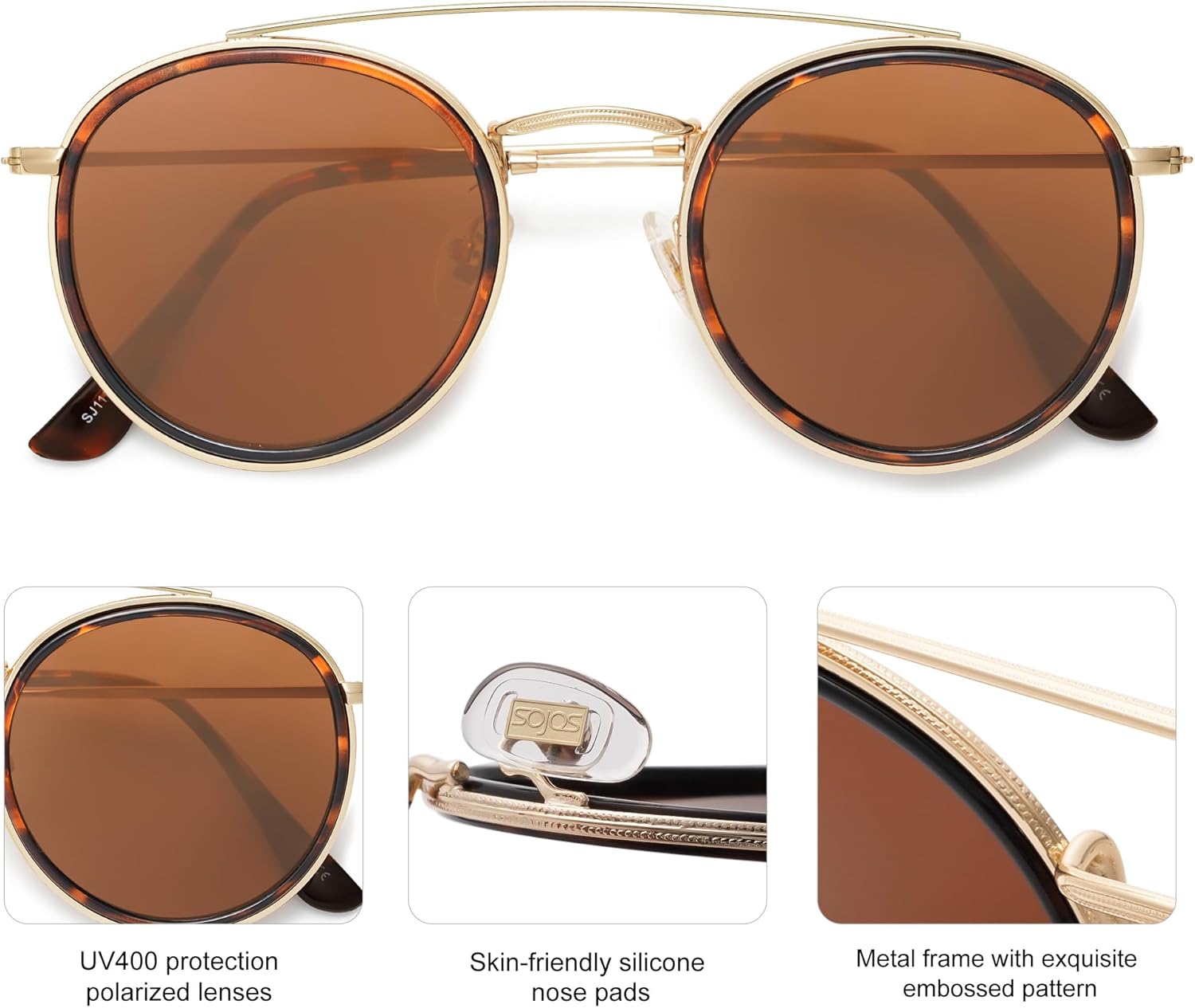 SOthtJOS Retro Vintage Round Polarized Sunglasses for Women Men Small Double Bridge Circle Sunnies SJ1104