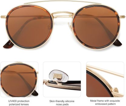 SOthtJOS Retro Vintage Round Polarized Sunglasses for Women Men Small Double Bridge Circle Sunnies SJ1104