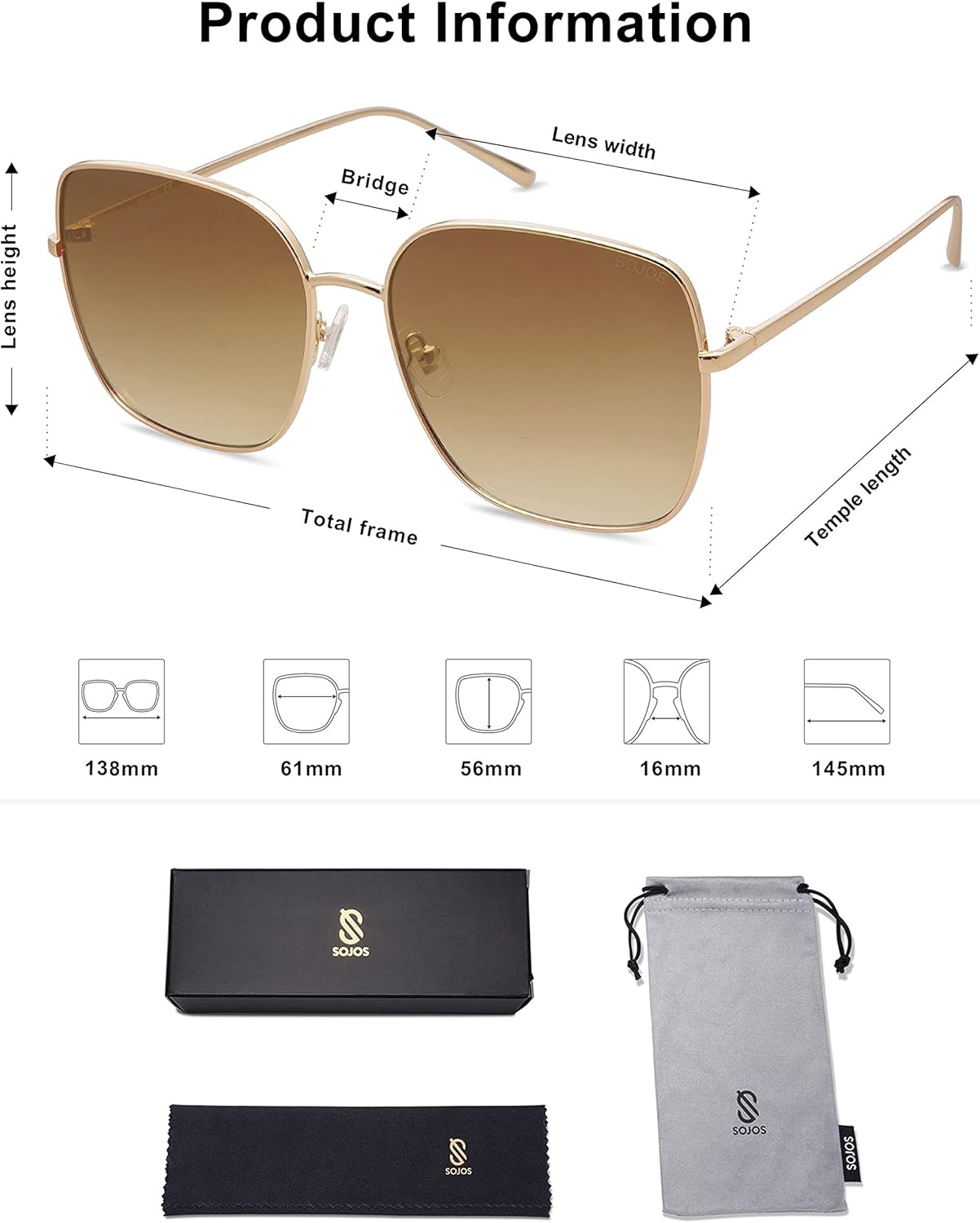 SOthtJOS Trendy Oversized Square Metal Frame Sunglasses for Women Men Retro Big Flat Lens UV Protection Sunglasses SJ1146