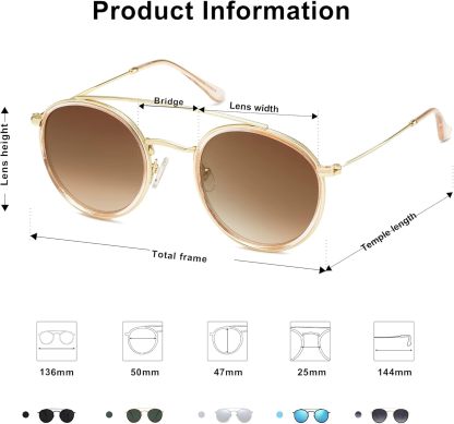 SOthtJOS Retro Vintage Round Polarized Sunglasses for Women Men Small Double Bridge Circle Sunnies SJ1104