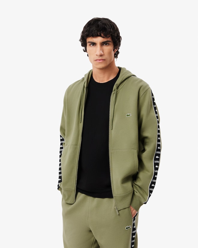 Sweatshirt zippé à capuche bandes siglées - Vert kaki