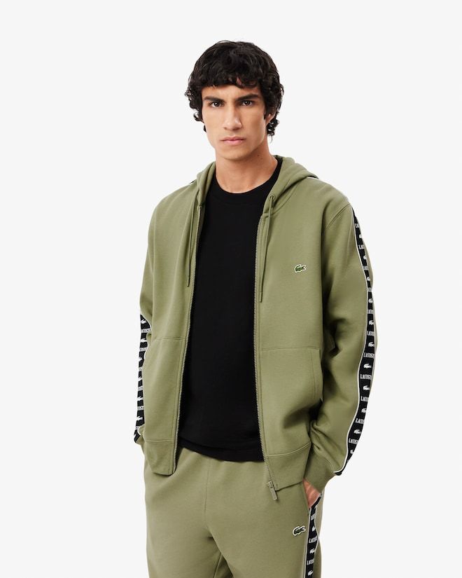 Sweatshirt zippé à capuche bandes siglées - Vert kaki