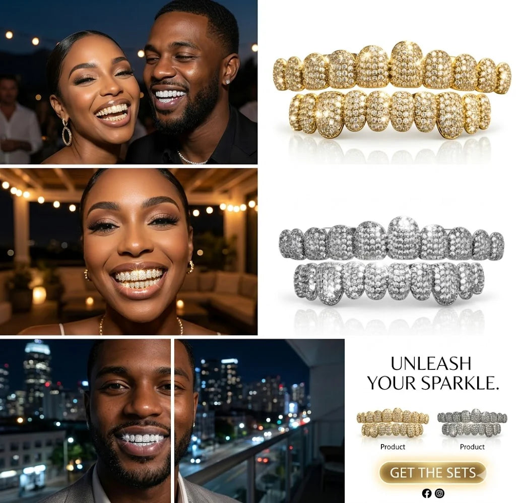 HIP HOP DIAMOND GRILLZ - Full diamond crusted grillz for maximum shine