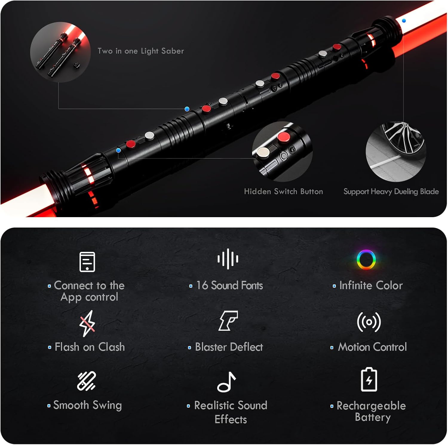 Double Blade Light Up Saber Motion Control Dueling Light Saber 2 In 1 Metal Hilt