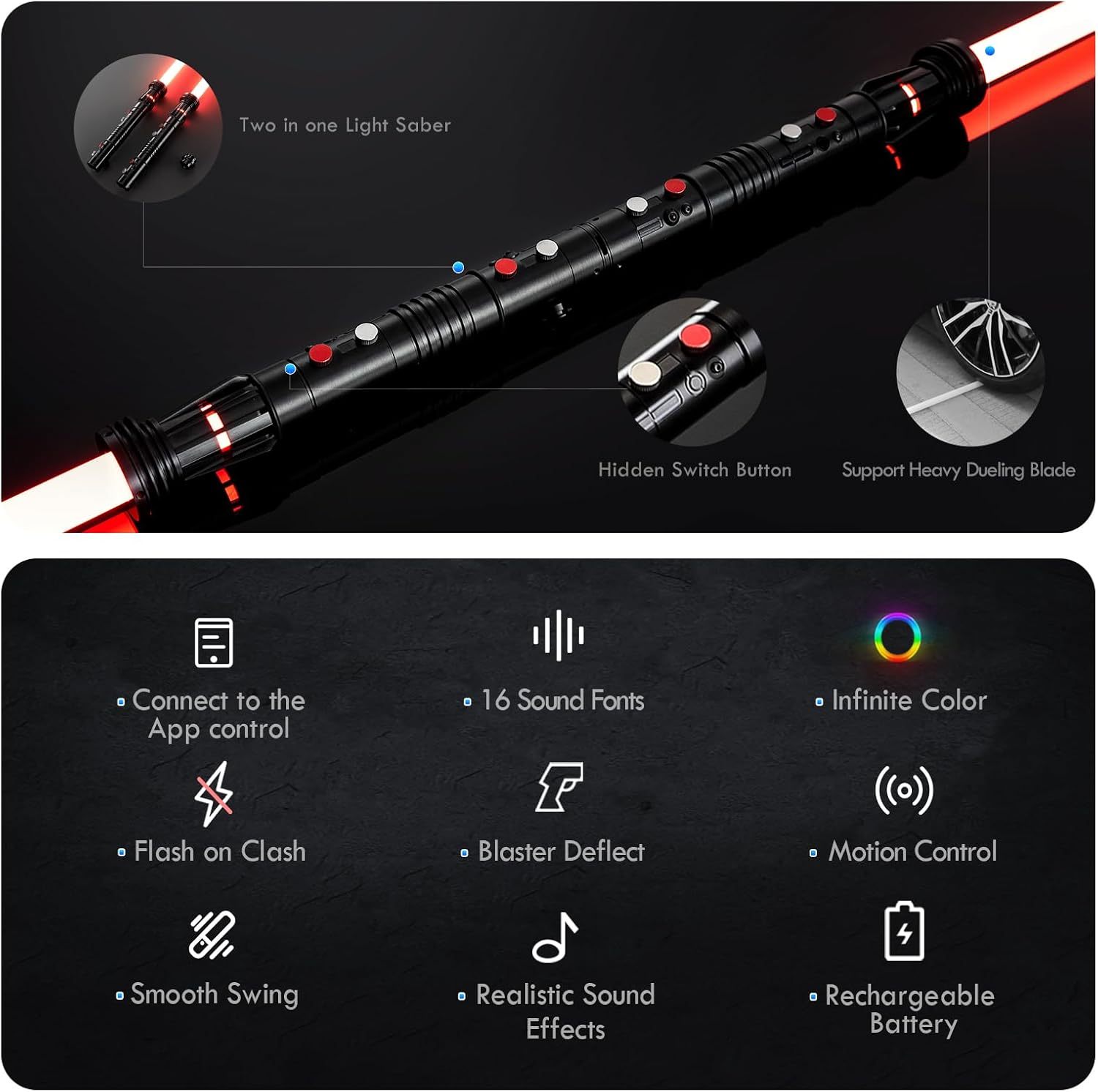 Double Blade Light Up Saber Motion Control Dueling Light Saber 2 In 1 Metal Hilt