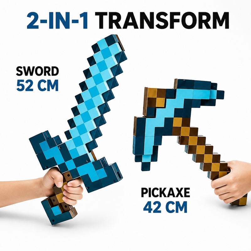 【NEW】2-in-1 Diamond Sword Pickaxe Transforming Toy with Light & Sound Effects Game-Inspired Role Play