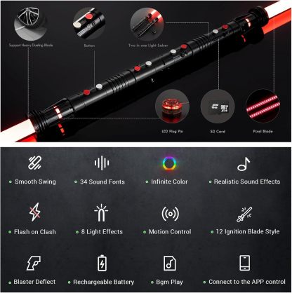Double Blade Light Up Saber Motion Control Dueling Light Saber 2 In 1 Metal Hilt
